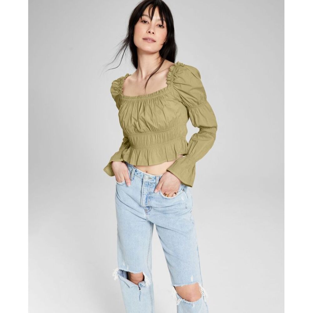 And Now This Now This Womens Cotton Ruched Puff Sleeve Top